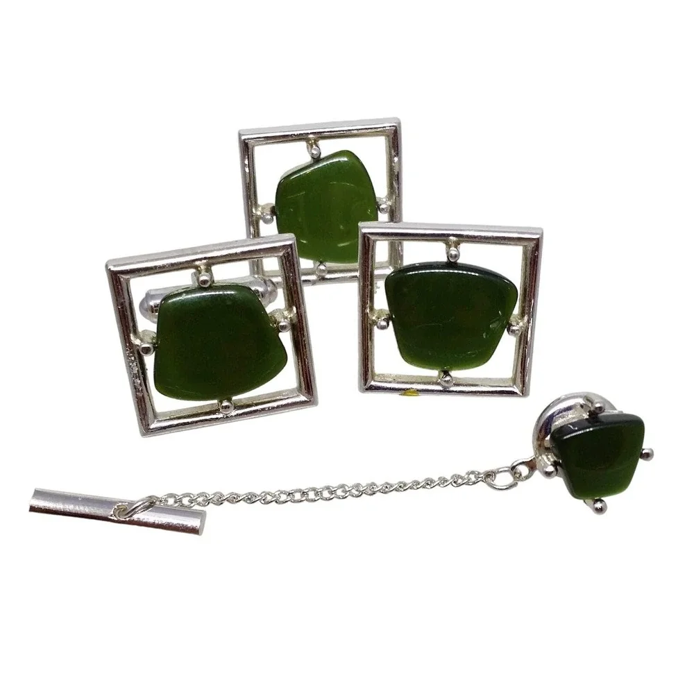 Green Lucite Square Cufflinks Tie Tack Sarah Coventry Pin New Yorker Silver MCM